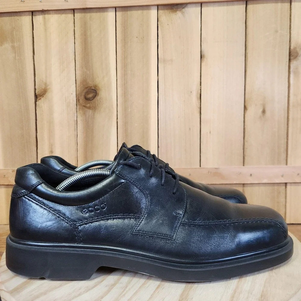 ECCO Helsinki Shoes Mens 12 46 EU Black Leather Bike Toe Lace Up Derby Dress